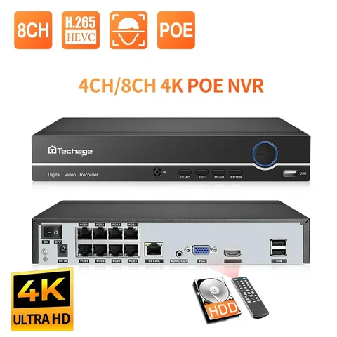 Techage H.265 4K 8CH PoE NVR 2MP 3MP 5MP сетевой жесткий диск Видеорегистратор Домашняя безопасность видеонаблюдение DVR для PoE IP камеры