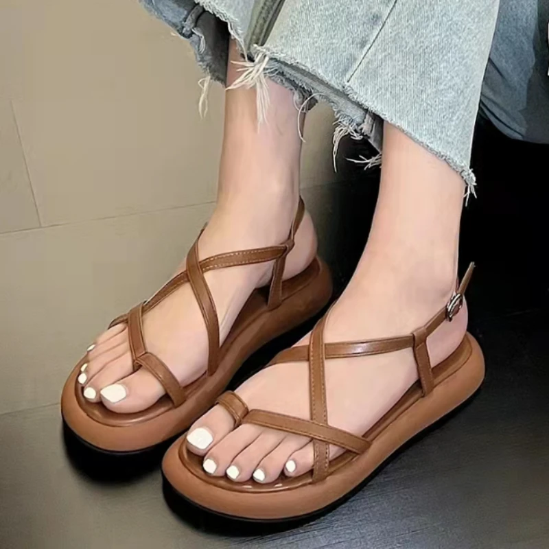 

2022 Ladies Sandals Summer Shoes Narrow Strap Flat Sandals Gladiator Sandals Buckle Straps Pu Leather Casual Roman Sandals