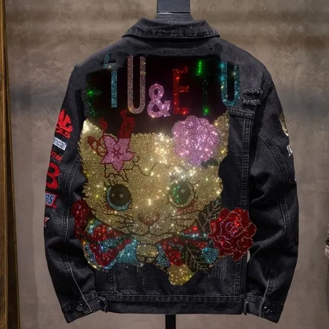 Джинсовая куртка мужская в стиле хип-хоп, Модная приталенная Джинсовка с вышивкой, с большой головой кошки и золотыми блестками, уличная одежда, весна 2023