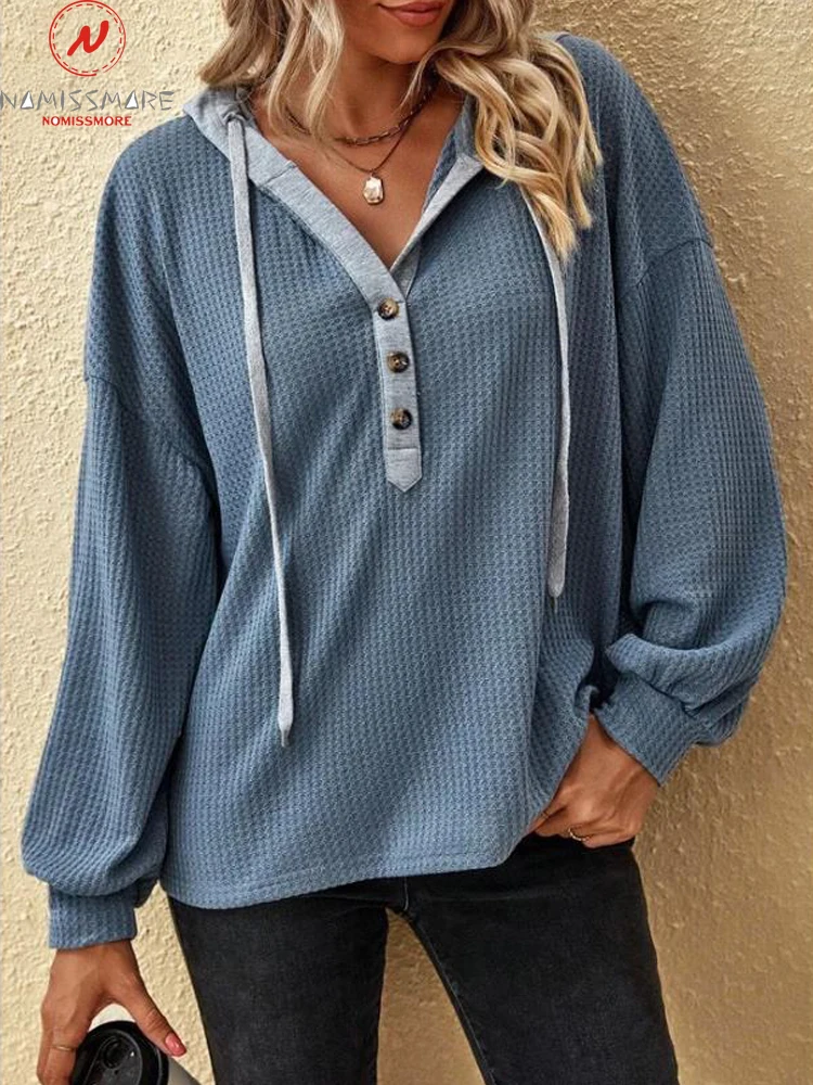 

Fashion Women Solid Color Hoodies Hooded Design Button Decor V-Neck Long Sleeve Autumn Casual Loose Pullovers Sweatshirts