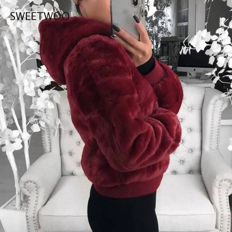 2021 New Women's Faux Fur Coat High-waist Hooded Fashion Cardigan Long-sleeved Loose Thin Faux Rabbit Fur Coat Jacket Women