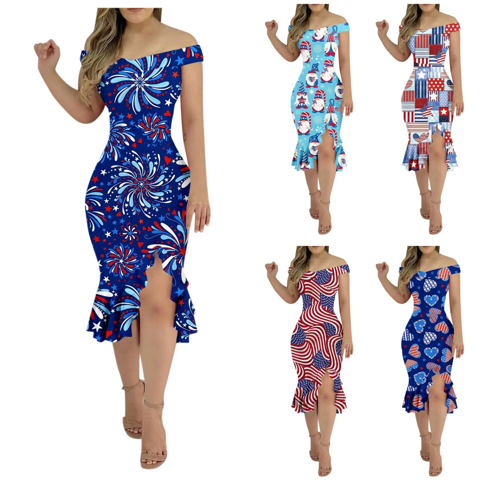 

Women'S Sexy Dress Independence Day Printed Side Split Slim Fit One-Neck Backless Bag Buttock Irregular Hem Dress Vestidos