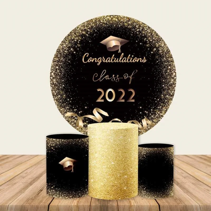 

Graduate Graduation Grad Round Backdrop Photography Black Gold Glitter Bachelor Cap Class of 2022 Party Circle Background Cover