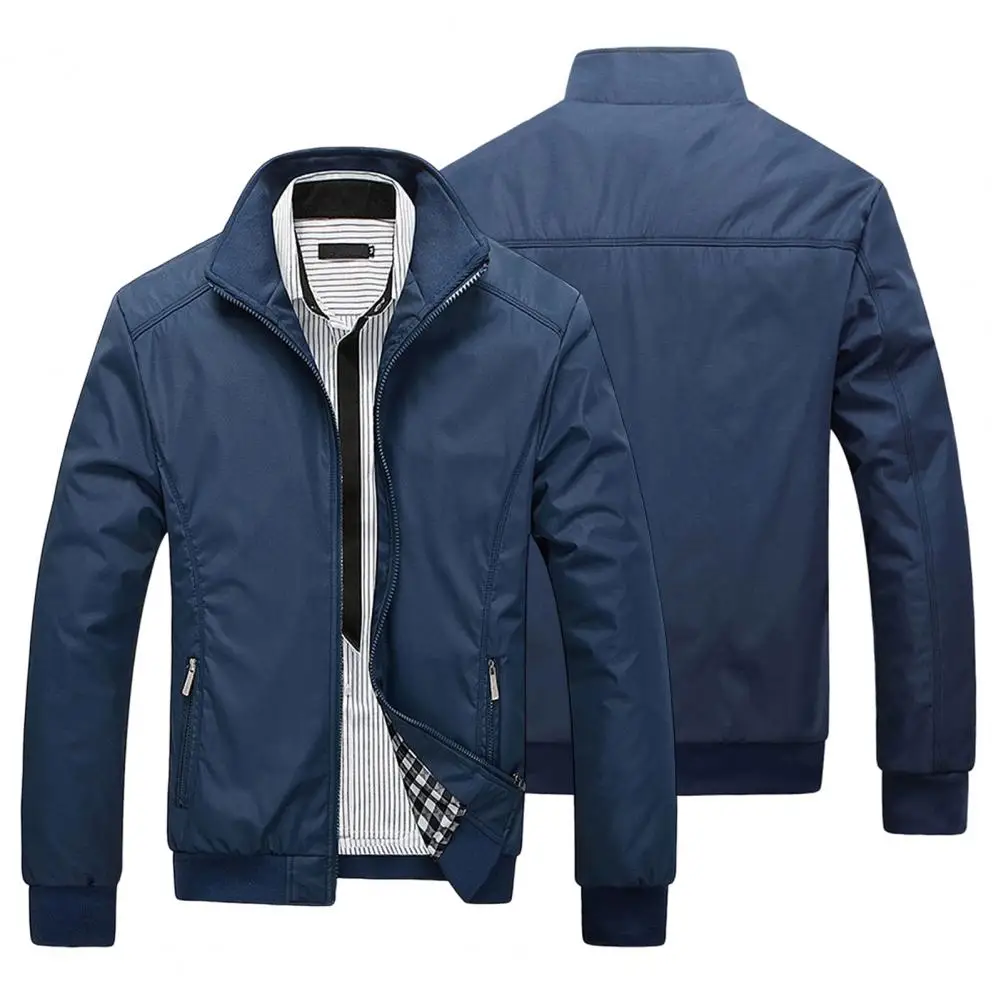 

Trendy Men Jacket Male Men Overcoat Ribbed Cuff Pure Color Ribbing Bottom Bomber Coat Daily Wear