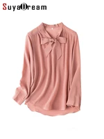 suyadream women chic blouse 100pure silk long sleeved solid bow collar shirts office lady 2022 spring summer top pink blue