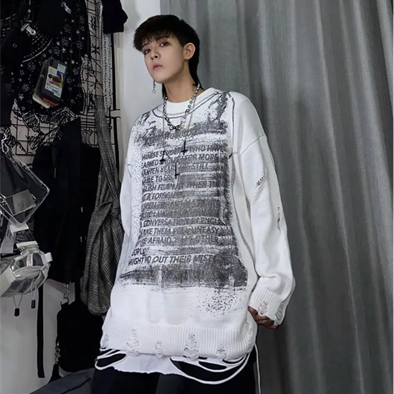 Hip Hop Streetwear Vintage Knit Sweater Men Destroyed Hole Ripped Punk Ugly Sweater Harajuku Retro Printed Sweaters Y2K Pulloves