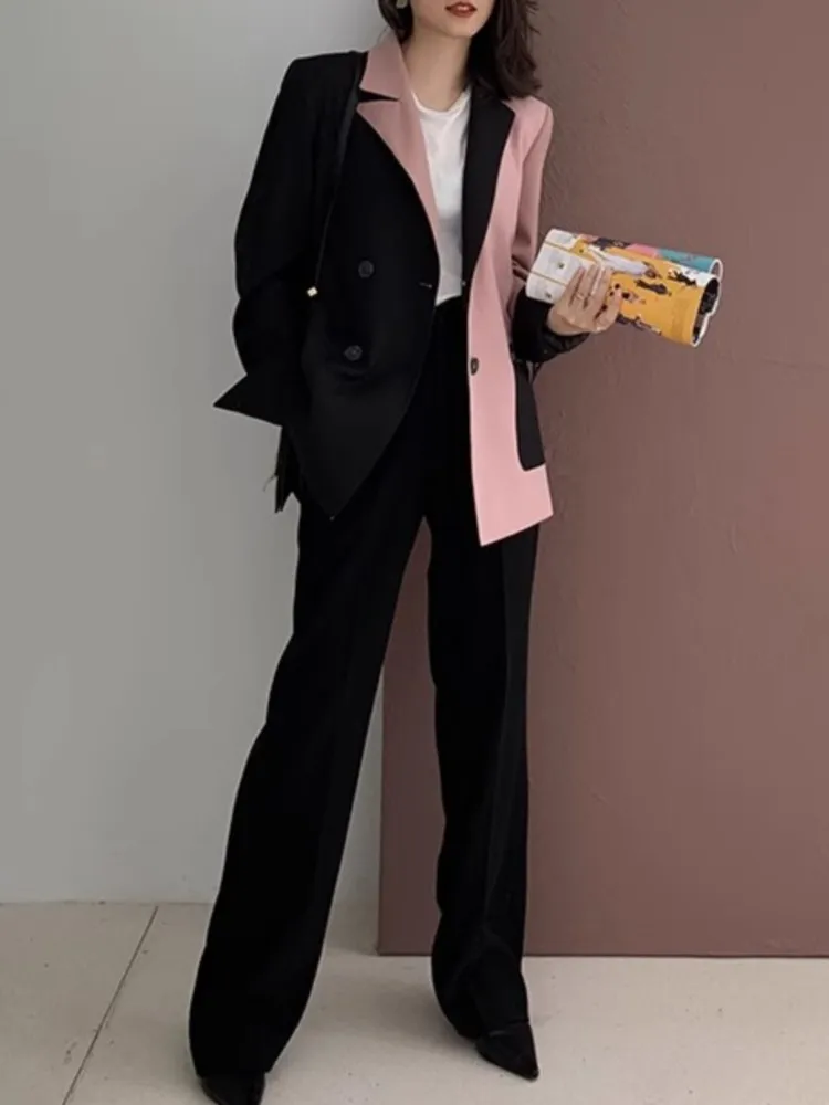 

New Women Autumn Pant Suits 2-Pieces Sets Casual Patchwork Blazer Coats and Trousers Female Elegant OL Clothing Fashion Outfits