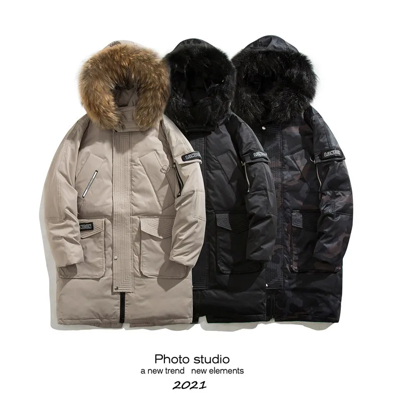 White duck down winter new trend thickened men's and women's down jacket fur collar long couple tooling camo cotton coat gulf