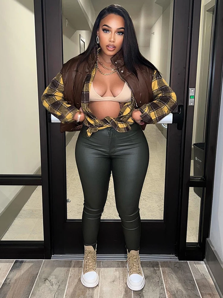 

Cutenew женские осенне-зимние брюки с высокой талией из искусственной кожи сексуальные повседневные брюки на бедрах модная женская уличная одежда Новинка Осень 2022