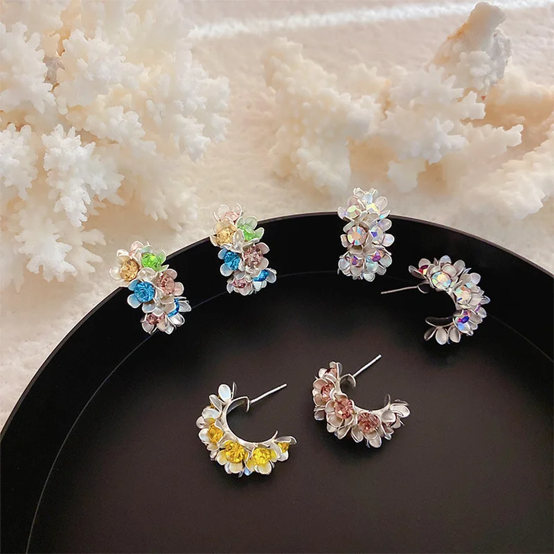 

Minar Korean Fashion Multi Coloured C Shape Flower Earring for Women Girls Metallic Twisted Floral Hoop Earrings Summer Jewelry