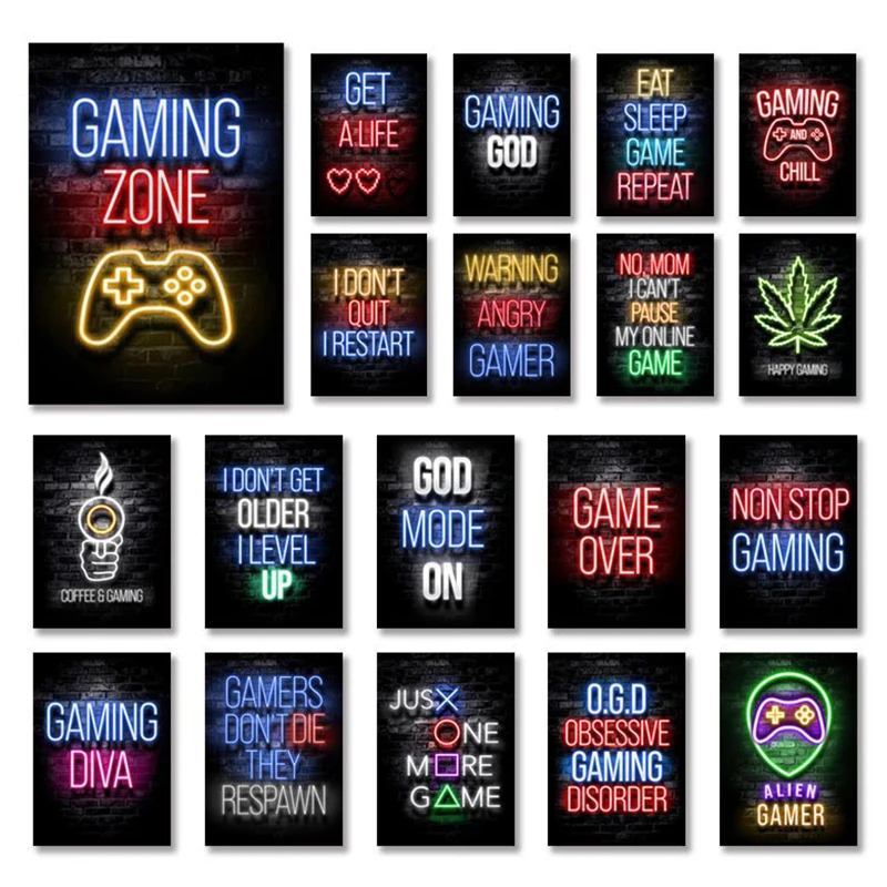 

Gaming Room Decoration Poster Wall Art Video Game Canvas Painting Playroom Picture for Gamer Boy Bedroom Prints Not Neon Decor