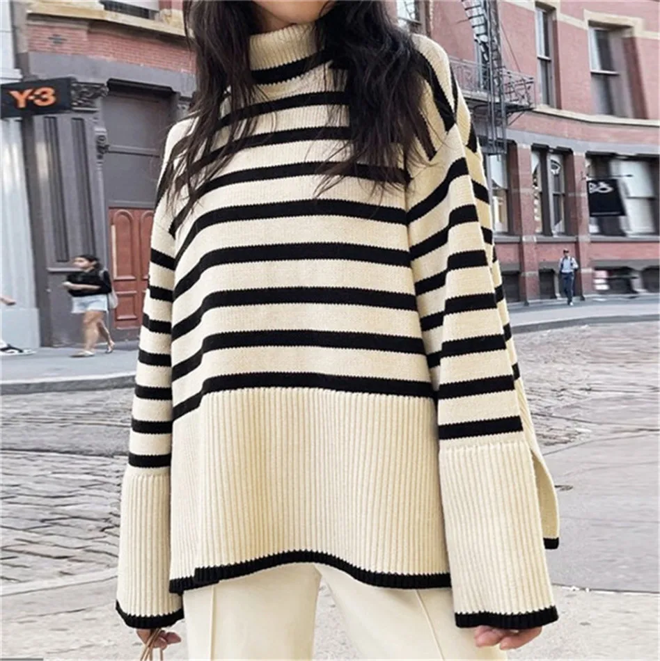 High Street Turtleneck Long Flared Sleeves Women Knitted Sweater Striped Loose Slit Drop Sleeve Winter Pullover Dropshipping