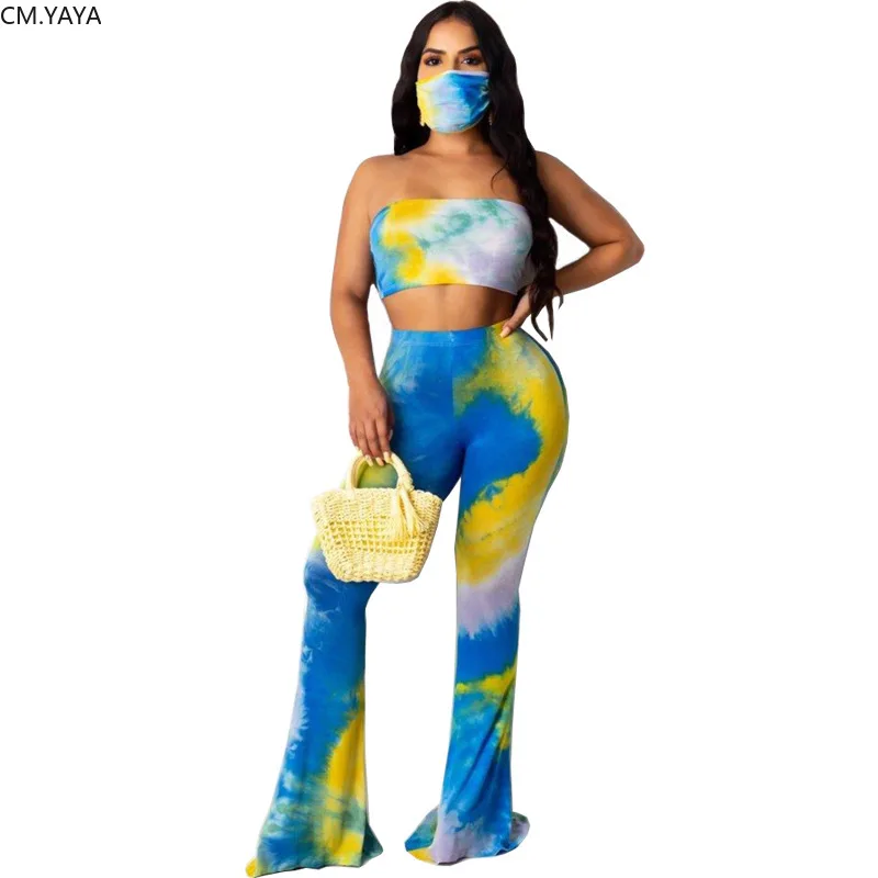 CM.YAYA Tie Dye Women Two Piece Set Strapless Crop Tops Wide Leg Flare Pants Suit Fashion Tracksuit Fitness Outfit Matching |