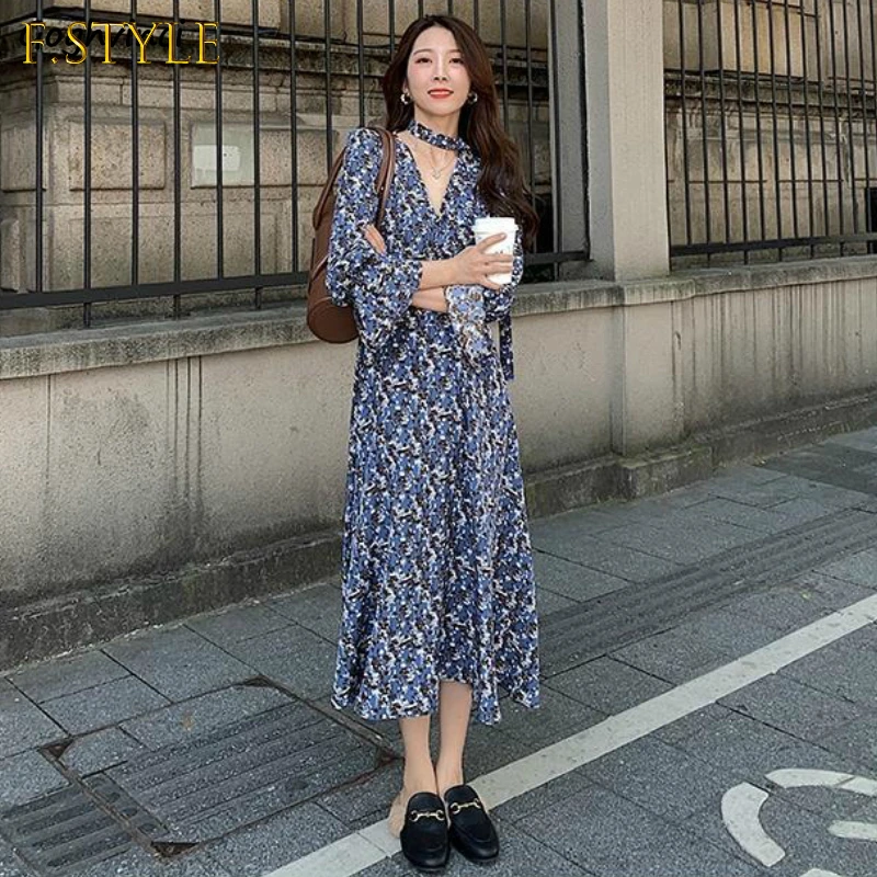 

F GIRLS Dress Women V-neck Long Flare Sleeve Floral Printed Elegant All-match Ribbons Loose Casual Womens Chiffon Maxi Dresses