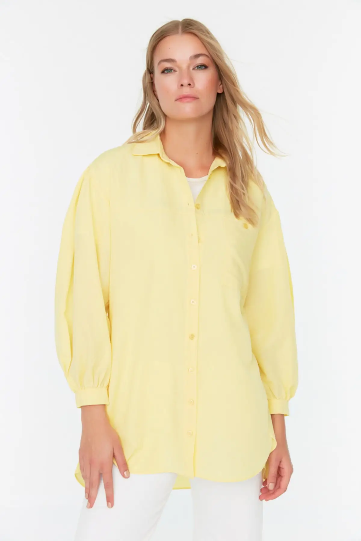 

Yellow Balloon Back Sleeve Long Pocket Detailed Basic Woven Shirt TCTSS21GO0976