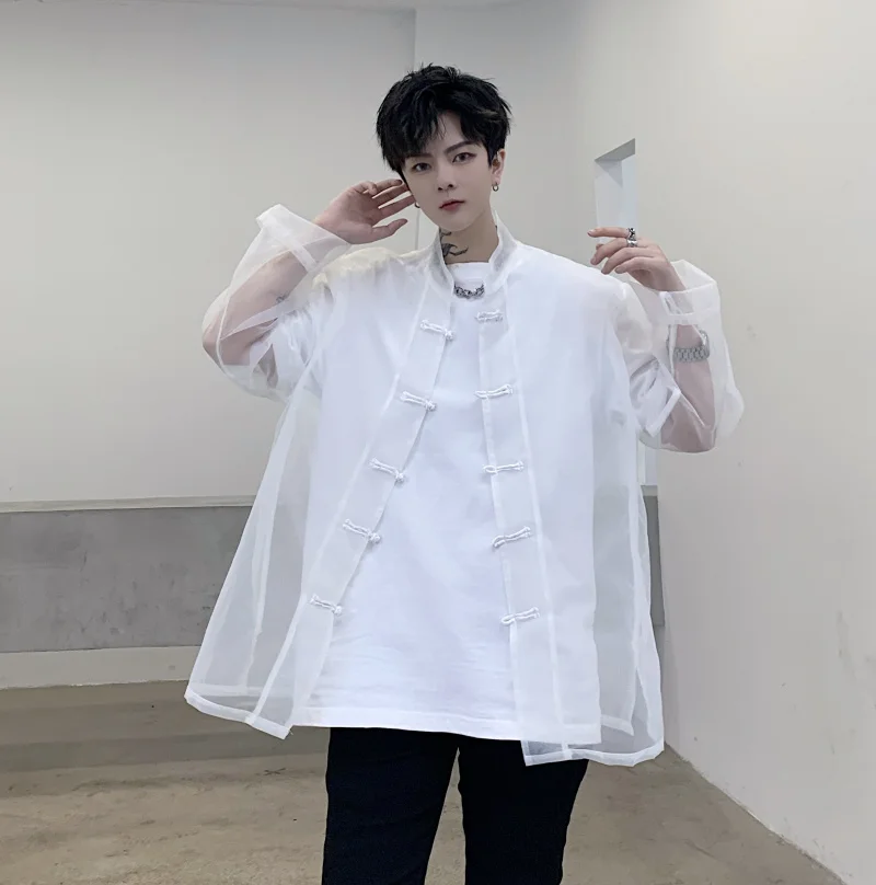 

New Men White Organza Shirt Fashion Tide See Through Clear Clear Chic Coat KongFu Music Show Costumes