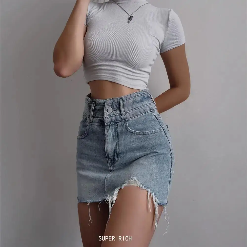 High Waist Denim Skirts Women Sexy Vintage slit Skirt Old style Rip Edge Streetwear Plus Size 4XL A Line Short Skirt 2023Fashion