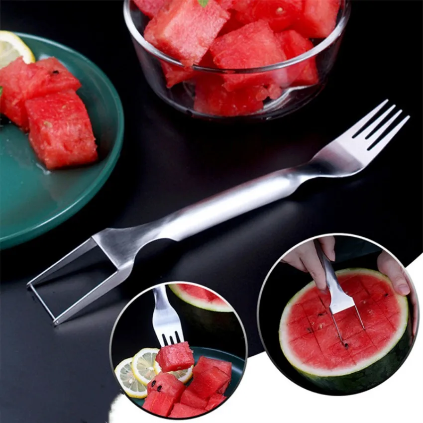 

Double Headed Watermelon Fork Slicer Fruit Divider Multi Functional Stainless Steel Slicer Cutter Kitchen Fruit Cutting Fork