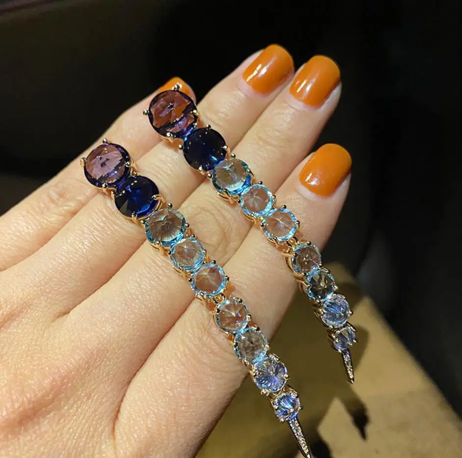 

row of large round zircon earrings women full of stars blue purple banquet prom long fashion jewelry