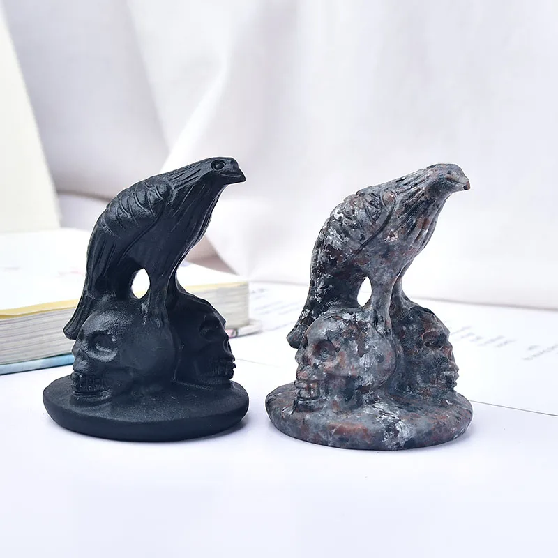 

Натуральные обсидиановые статуи черепа, человеческий череп с черной птицей, ворона, статуэтки, скульптуры, домашний декор, аксессуары, художественные украшения
