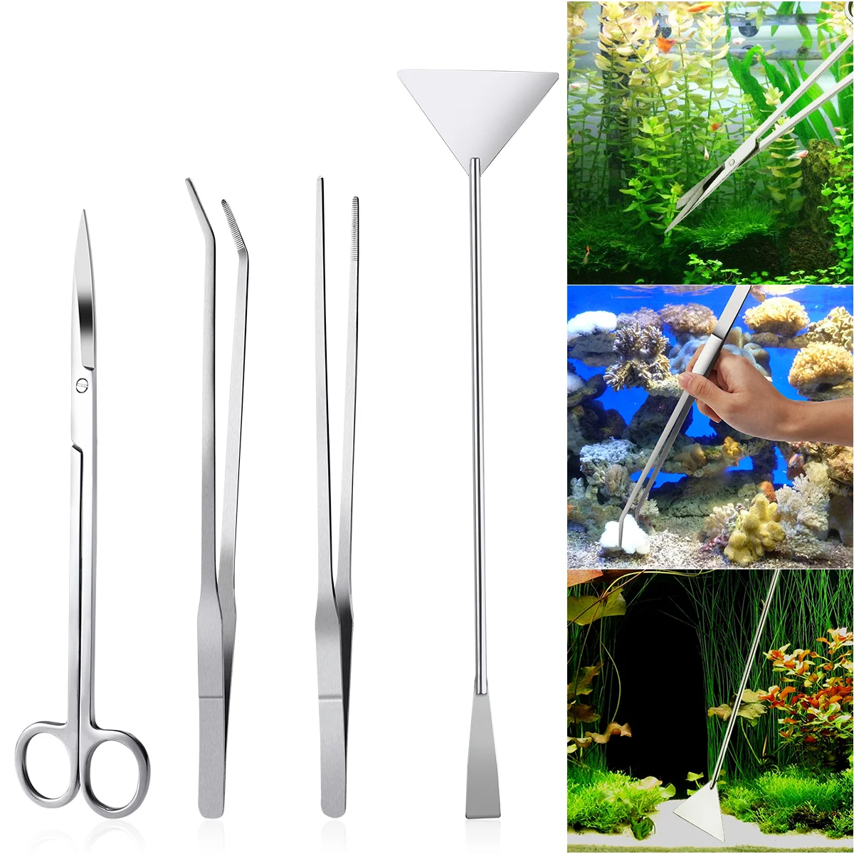 

4 Practical Aquarium Tank Trimming Stainless Steel Spade Spatula Straight Bend Tweezers