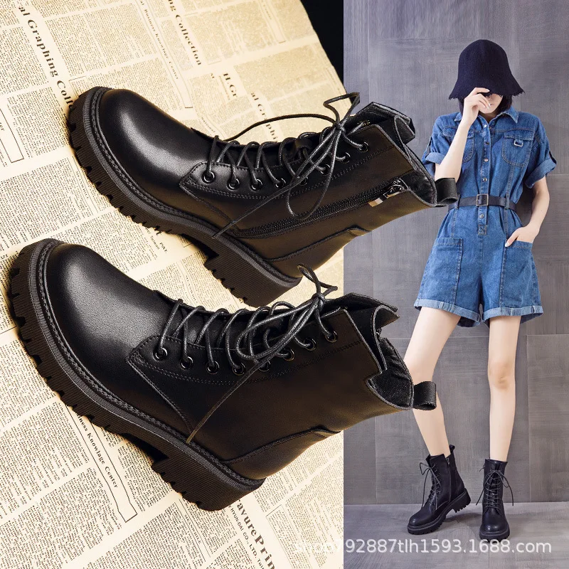Leather Women's Boots Women Thick-soled Thin Section Spring and Autumn New Single  Breathable Short  Wild Tide