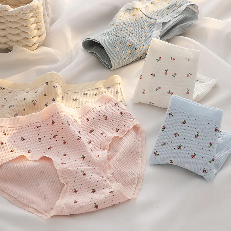 

M-XL Women's Cotton Underwear Sexy Lace Panties Girls Cute Floral Thread Briefs Mid Waist Seamless Underpants Female Lingerie