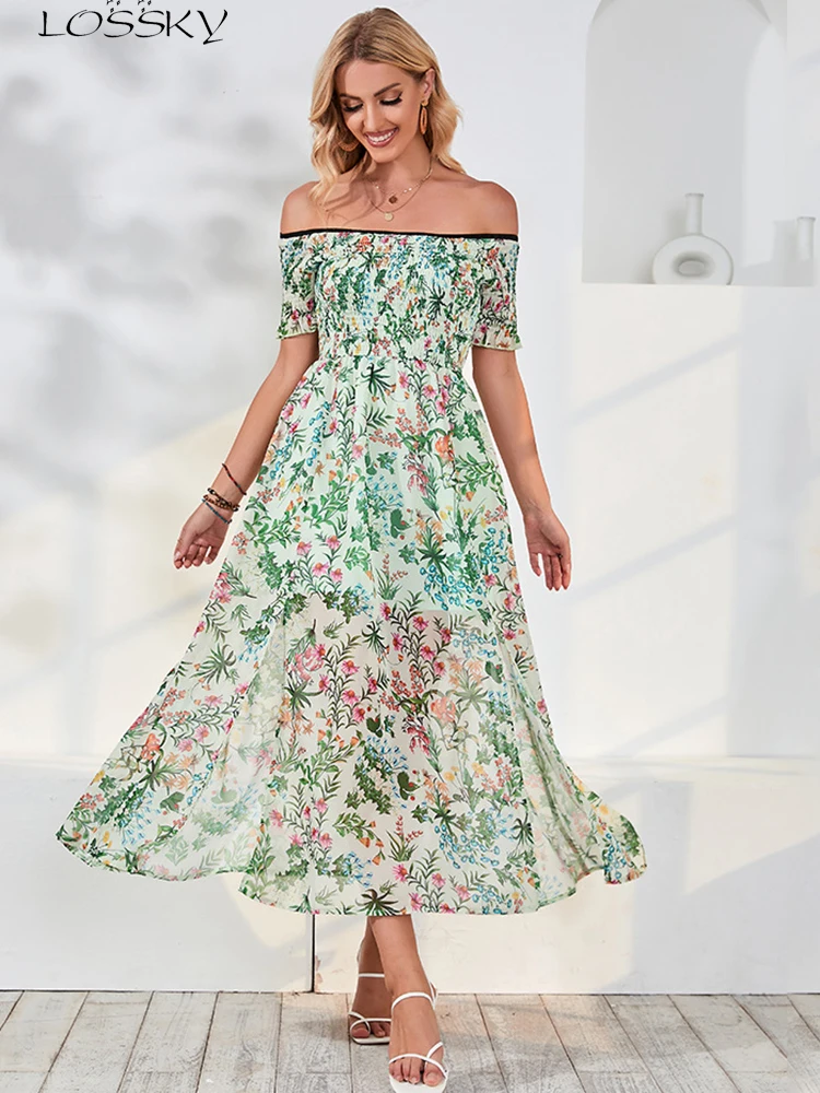 

Elegant Floral Dress Women Summer Sexy Backless Big Hem Slit Midi Beach Dress Casual Off Shoulder Green A-line Dresses 2022