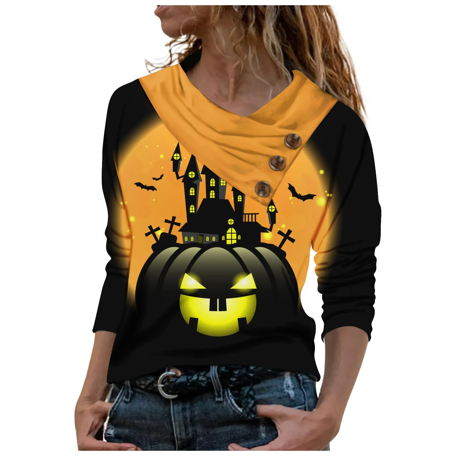 

Женская Винтажная футболка с длинным рукавом, на пуговицах