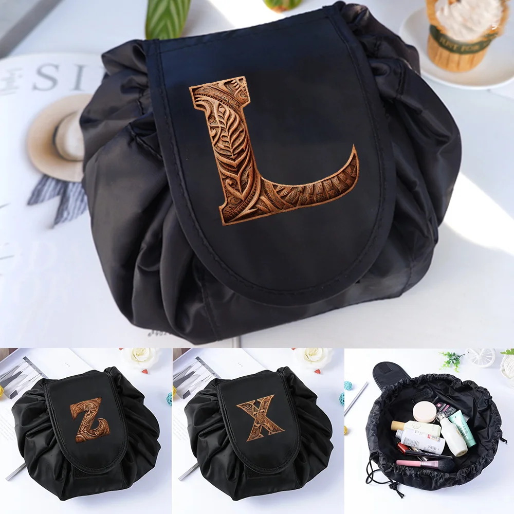 

Women Drawstring Cosmetic Bag Organizer Travel Toiletry Storage Shoulder Bag MakeUp Pouch Large Capacity Wood Art Letter Series