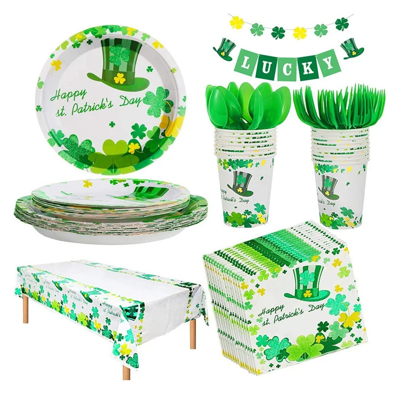 

16pcs St. Patrick's Day Disposable Cutlery Set Shamrock Paper Plate Tissue Tablecloth Irish Party Supplies Cutlery Set Wholesale