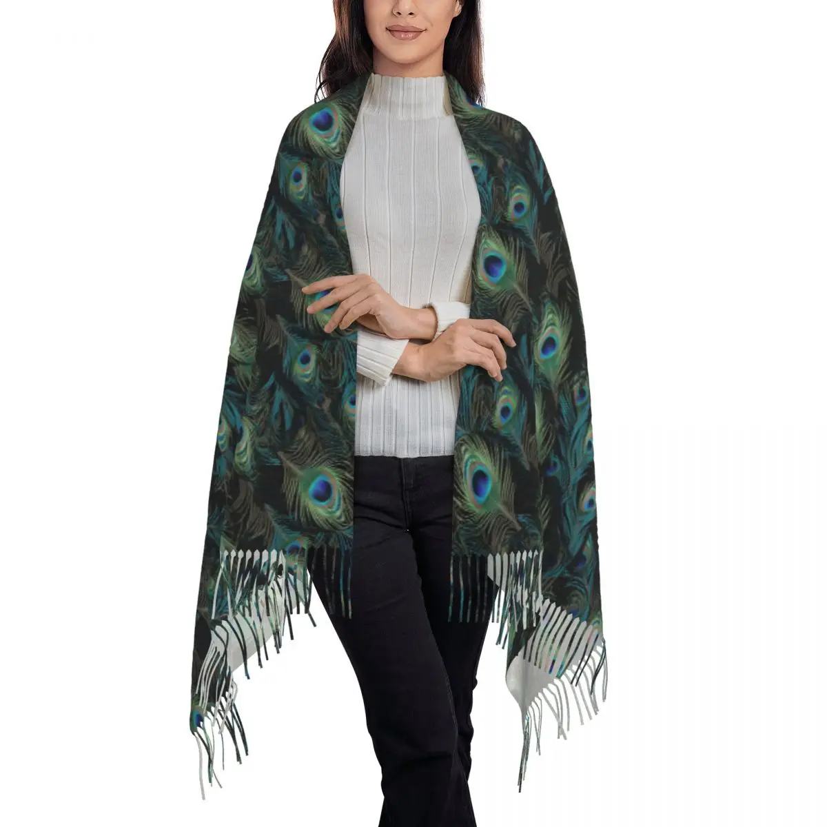 Peacock Feathers Scarf Wrap Women Long Winter Warm Tassel Shawl Unisex Scarves
