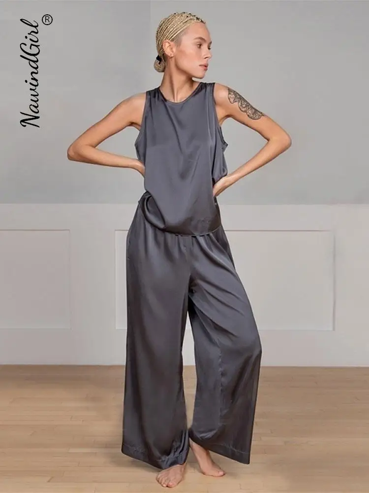 

Casual Sleeveless Pajama Women 2 Piece Sets O-Neck Crossed Back Vest Loose Wide Leg Pant Suits Female 2023 Ladies Homewear Set