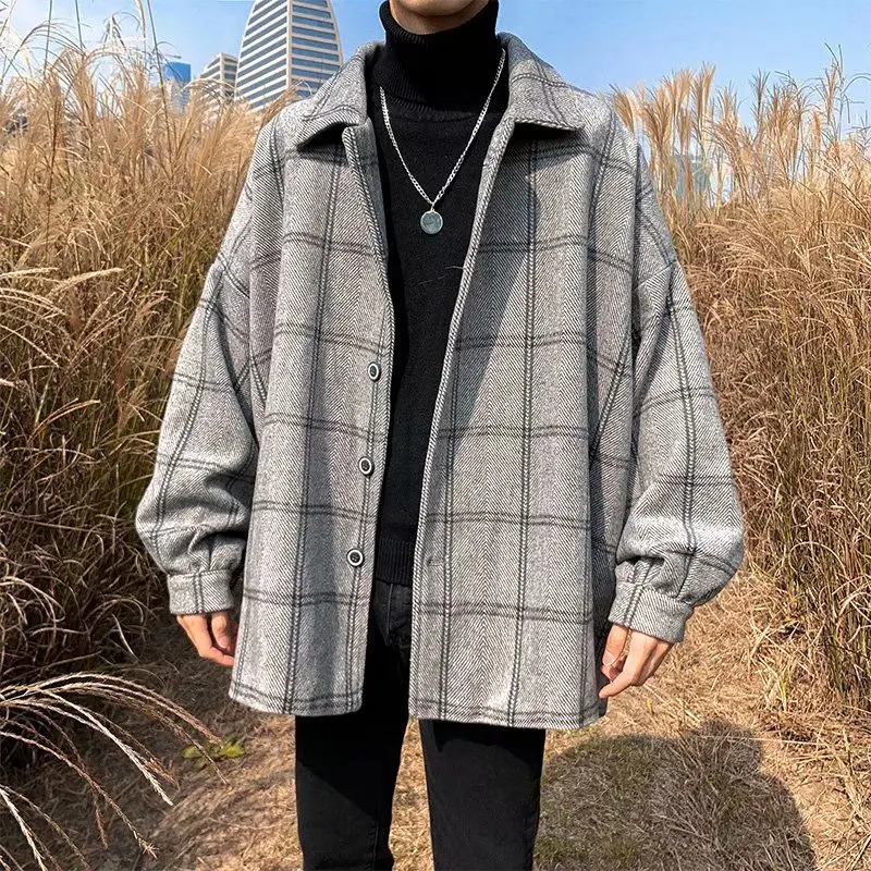 

YASUGUOJI New Winter Thicken Woolen Coat Men Retro Casual Oversized Jacket Men Korean Fashion Plaid Loose Woolen Mens Overcoat