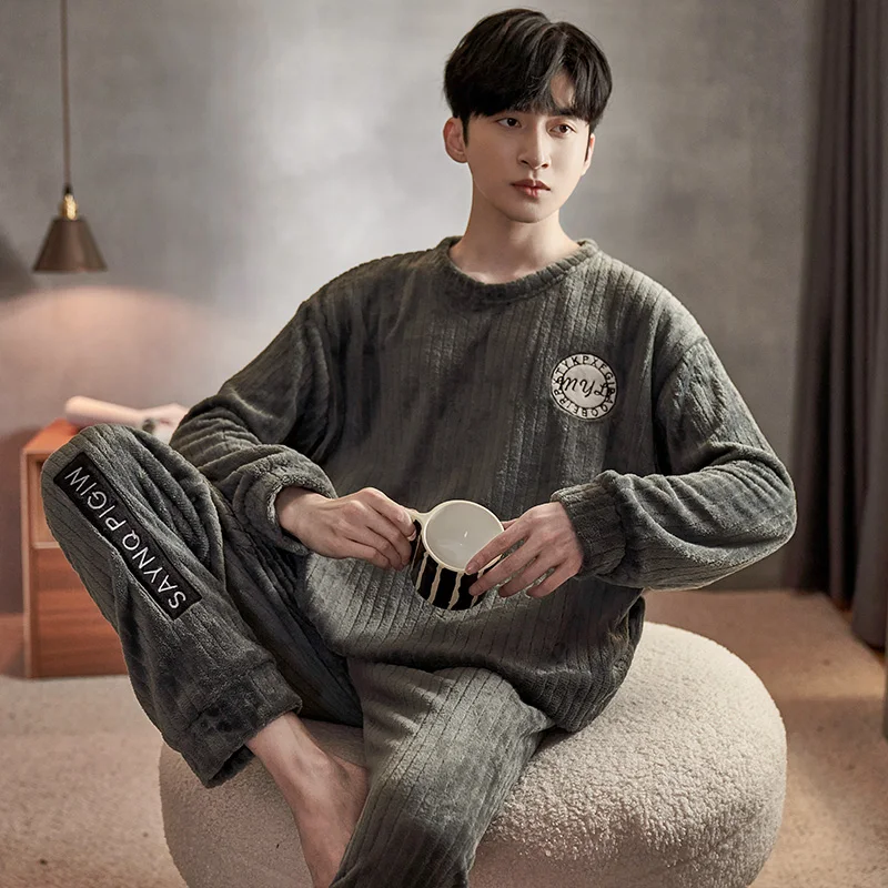 QUHENG Cute Pajamas for Men Thick Plush Fleece Pajama Sets Winter Coral Velvet Warm Flannel Clothes Home Suit Male Sleepwear