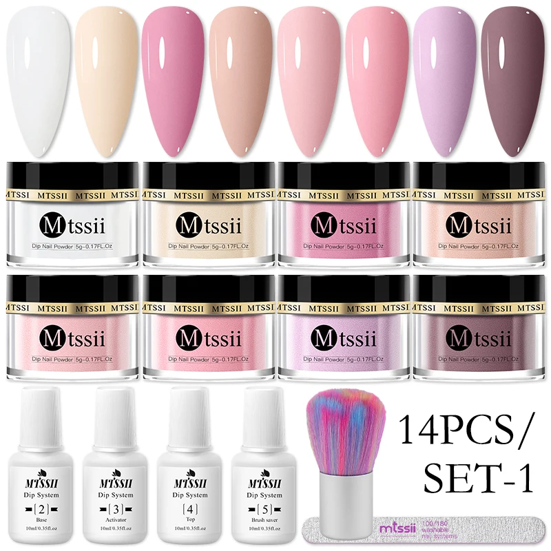 Mtssii 5g 9/14PCS Dipping Nail Powder Set Glitter Dust Nude Pink No Need Lamp Cure Natural Dry Long Lasting Dip Liquid Kits