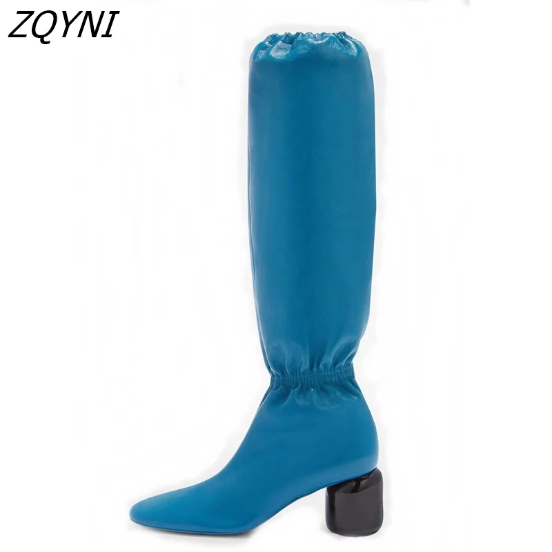 

Women's Leather Knee High Boots high heel lace elastic band sexy fashion comfortable black blue apricot 2022