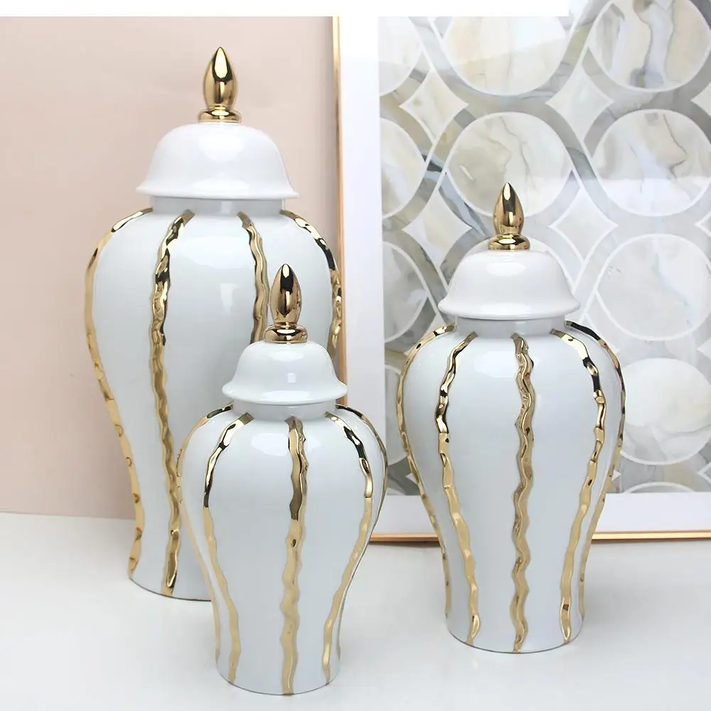 Винтажная имбирная банка в золотую полоску керамическая для хранения с крышкой