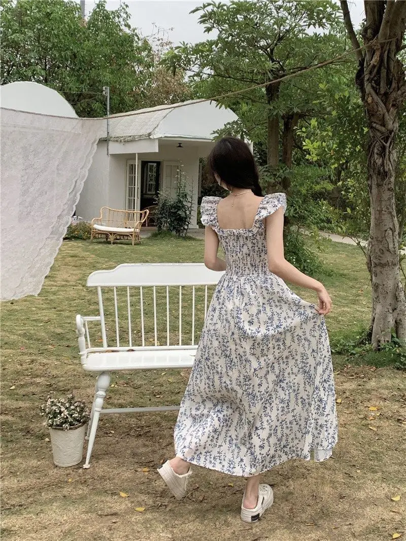 Новинка 2024 стильное свежее и милое приталенное синее платье с разрезом длинное