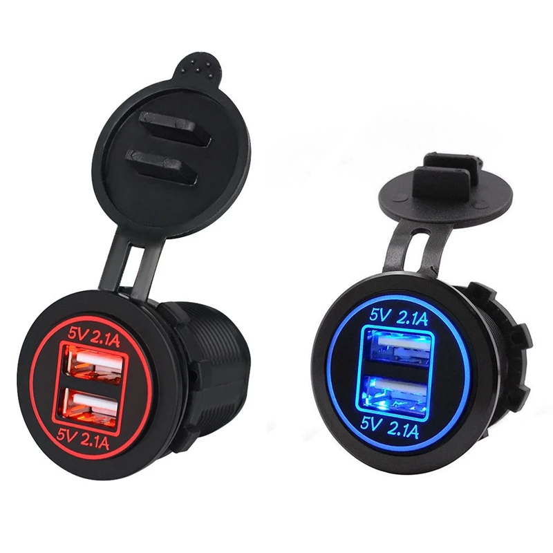 

2 Pcs 5V 4.2A Dual 2USB Charger Socket Adapter Power Outlet For 12V 24V Car Motorcycle, Red & Blue