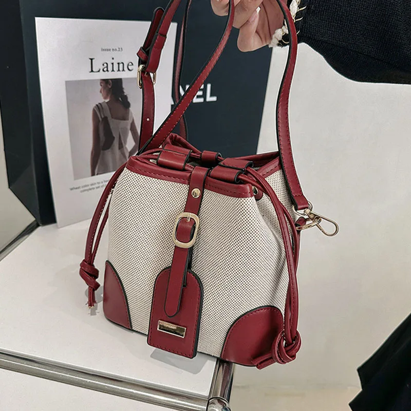 New Canvas Bag for Women Contrast Bucket Handbag Fashion Simple Shoulder Messenger Bags Casual Crossbody Commute Portable Satche