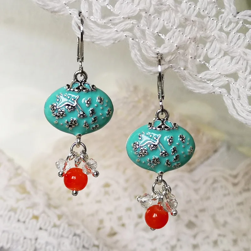 

Elegant Wind Chimes Drop Earrings For Women Vintage Jewelry Plum Embroidered Purse Dangle Tassel O3D267