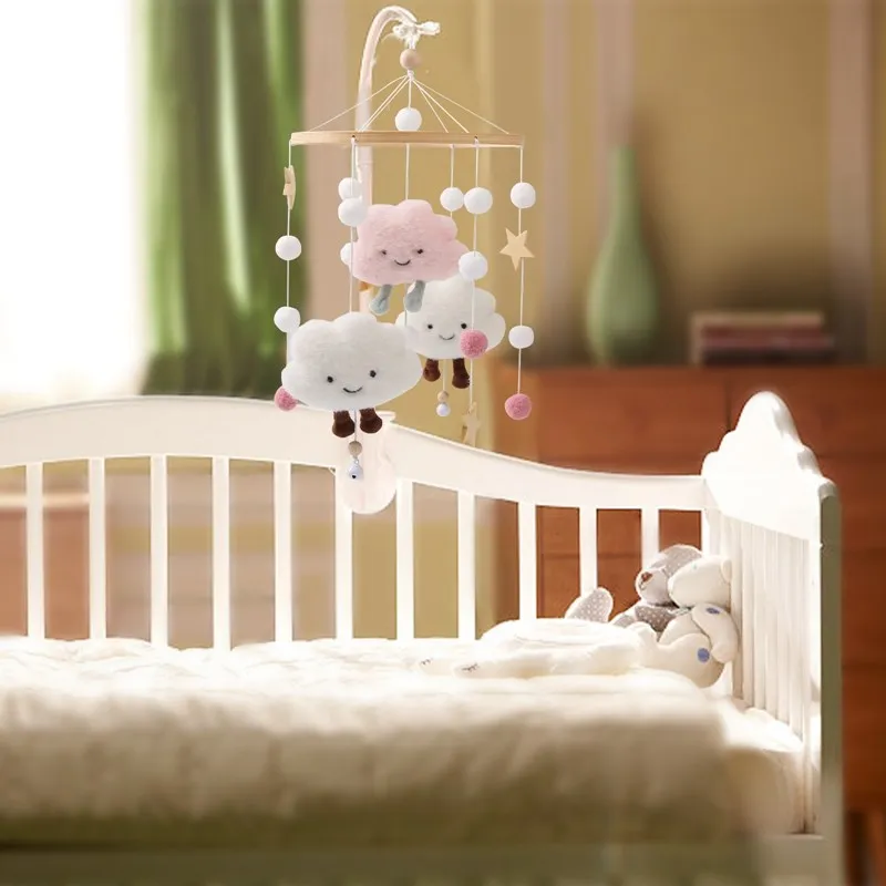 1 PCS Baby Rattles Crib Mobiles Toy Bed Bell Musical Box 0-12 month Clouds Cotton Wooden Children Carriage Toy Accessories images - 6