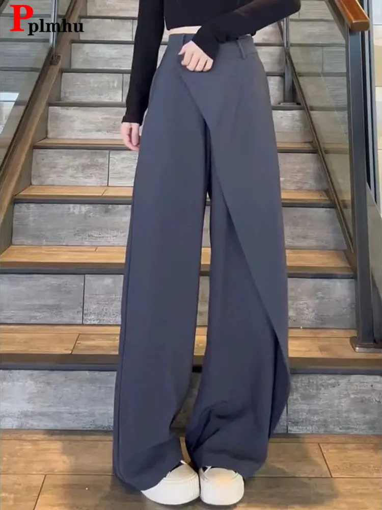 

Мешковатые повседневные Асимметричные Костюмные брюки с высокой талией, офисные широкие брюки, корейская мода, женские прямые спортивные брюки, дизайнерские брюки