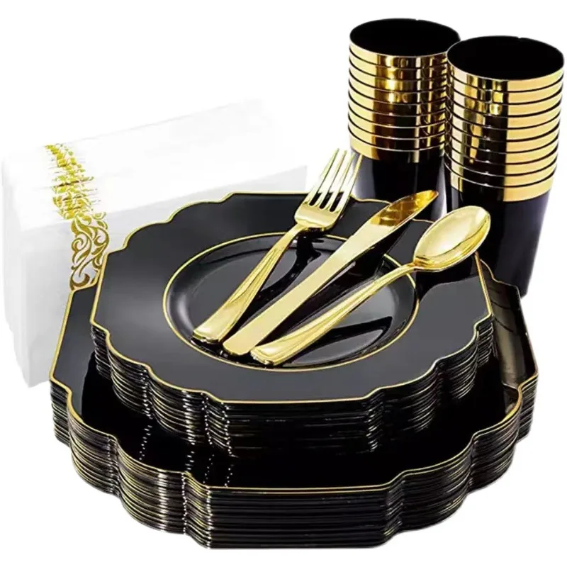 

60Pieces of Disposable Tableware Black Gold Rim Plastic Dinner Plate Gold Plastic Cutlery Set Wedding Birthday Party Supplies