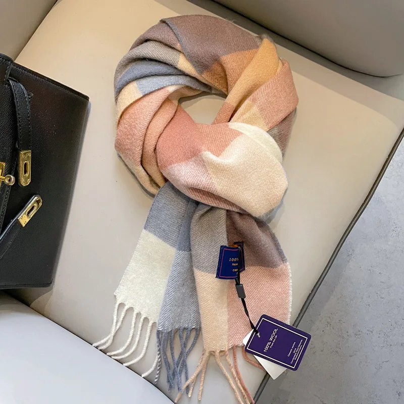 Клетчатый шарф из чистой шерсти для женщин Зимний универсальный подарок на день