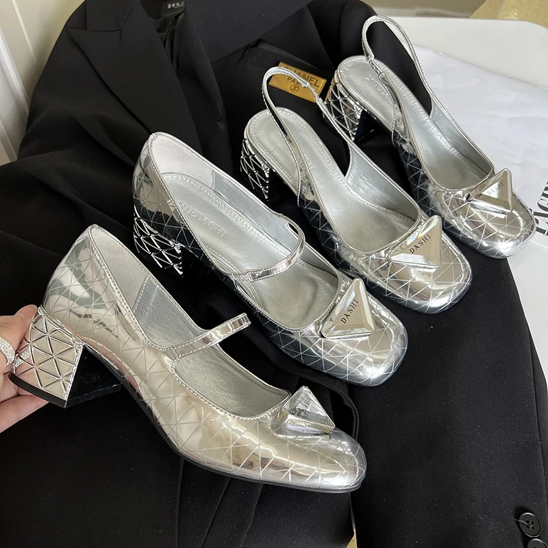 Женские босоножки на высоком каблуке серебристые сандалии квадратном женская