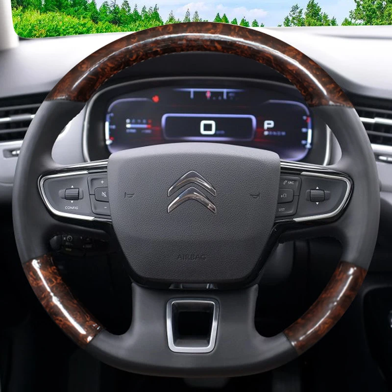 

For Citroen C5 C6 2019-2023 Hand-stitched peach wood color Carbon Fibre Leather Car Steering Wheel Cover Interior Accessories