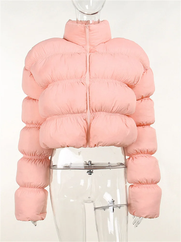 Casual Winter Long Sleeve Zipper Crop Top Bubble Pink Puffer Jacket For Women Outfits Fashion Outdoor Keep Warm Coats Wholesale