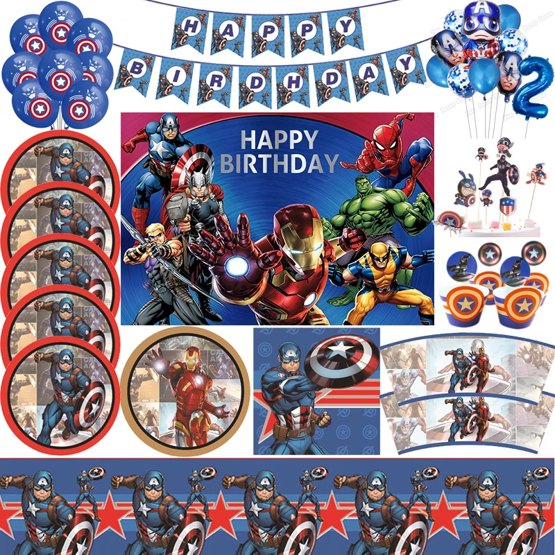 Super Hero Iron Man America Captain Kid Birthday Party Decor Cups Plates Napkin Balloon Baby Shower Disposable Tableware Sets